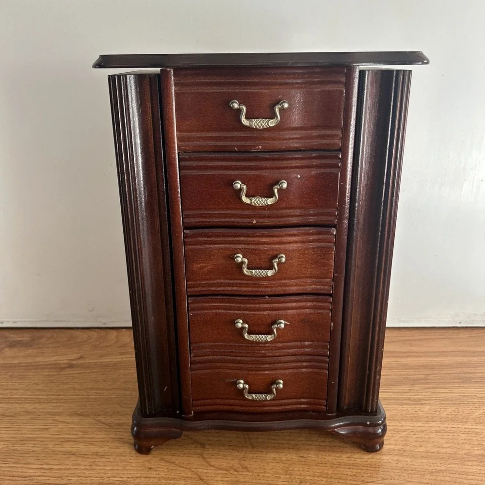 Vintage Wooden Jewelry Armoire Chest 5 Drawers Side Doors Mirror Organizer